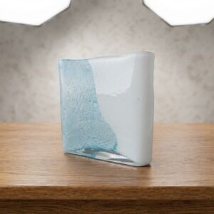 Cyan Design Style Art Glass Pillow Vase White Opaque Blue Controlled Bubble